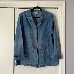 Classic Elements Denim Jacket Women Embroidered Floral Blue Button Up